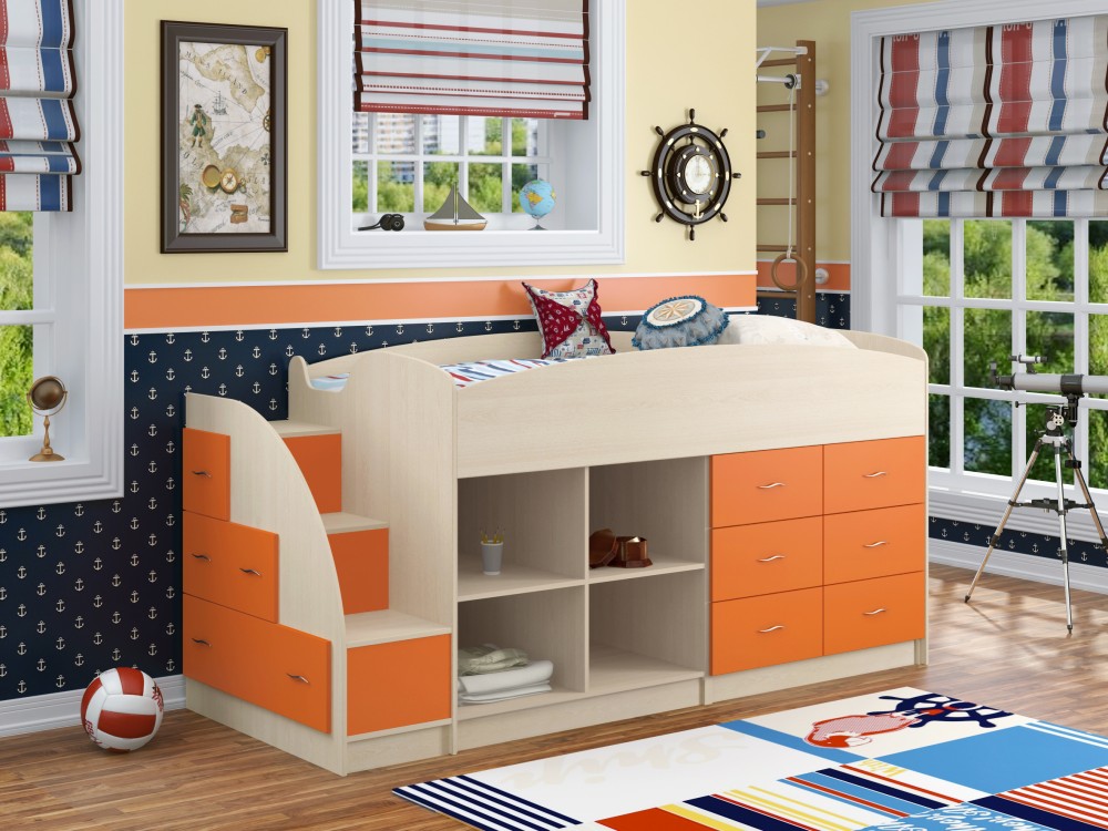 Детская кровать-чердак низкая "Дюймовочка-4/1" дуб/оранжевый