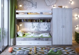 Кровать Юта 2хъярусная со шкафом и лестницей